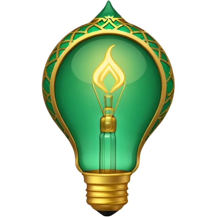 3D emoji, light bulb with Moroccan arabesque pattern inside, golden frame, glowing light, emerald green and gold colors, minimalist, white background. emoji