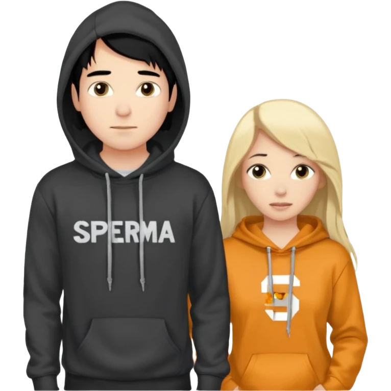 I want it to be this emote 🙍‍♂️
of a guy with black hair and a black sweatshirt with the word "sperma" written in white in the middle. Behind him, there's a pretty blonde with long hair, pulling the string on the first person's hoodie. The girl is wearing a gray sweatshirt. emoji