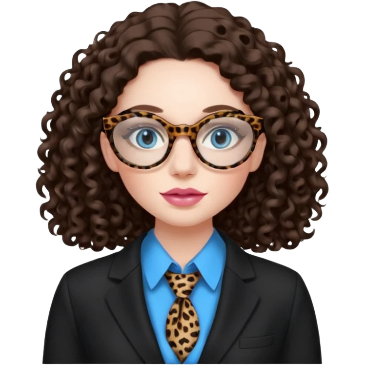 A girl with white pale skin, blue eyes, full lips, brunette long curly hair. She has a leopard print round-ish shaped glasses. She is wearing a all black suit with light pink blouse inside the suit. She is making a self care face mask  emoji