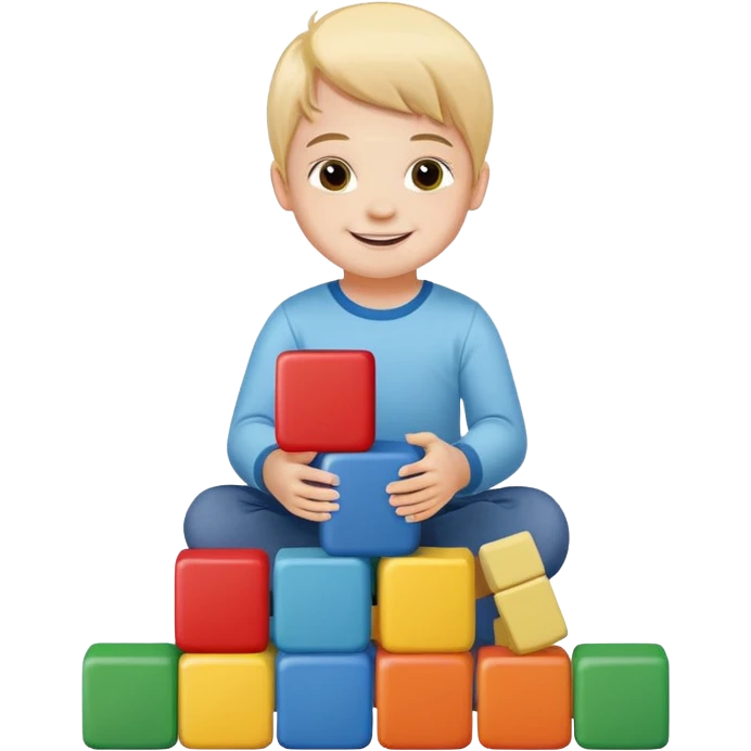 child stacking colorful blocks, smiling emoji