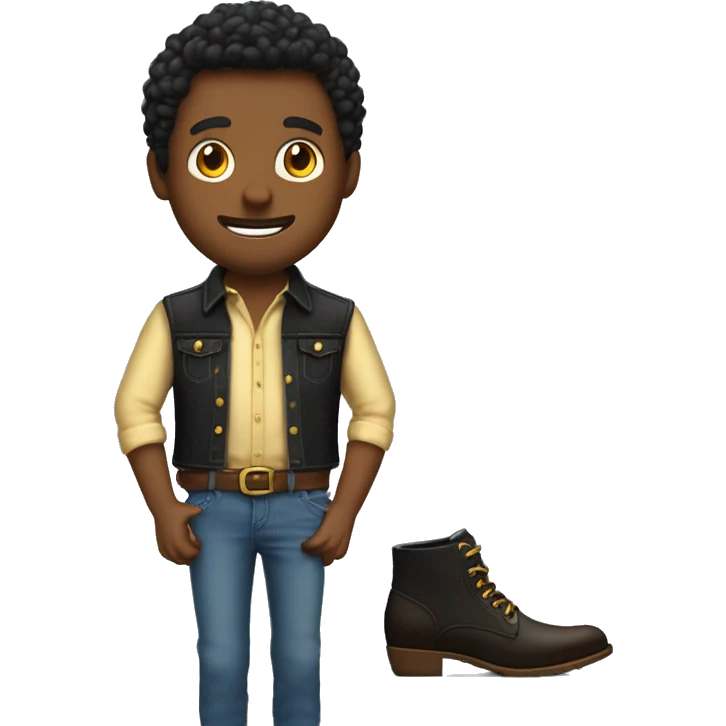  chico con camisa negra un collar dorado un jeans de mezclilla negro y Botas chocolates emoji