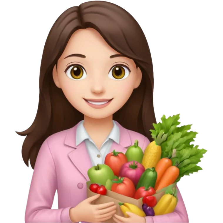 pretty smiling long brunette hair girl hazel eyes wearing light pink clothes holding groceries emoji