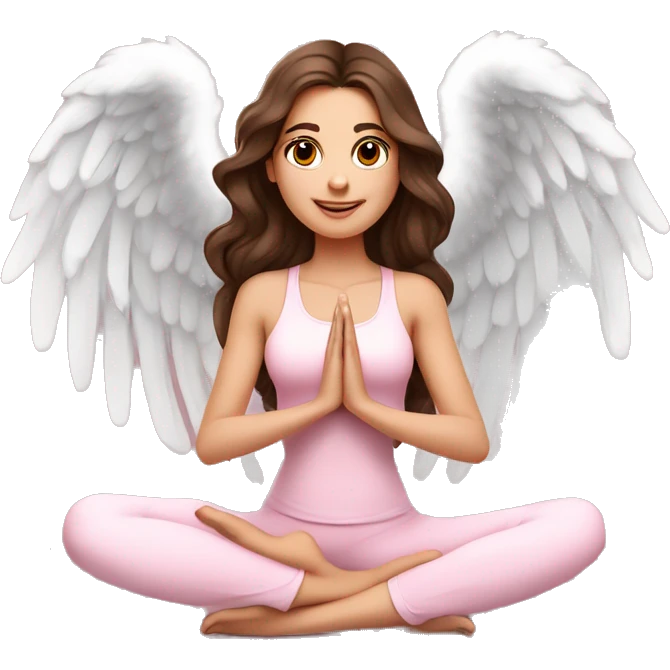 Brunette long curled hair and brown eyes yoga beautiful girl in light pink clothes sitting on a yoga mat with angel wings emoji