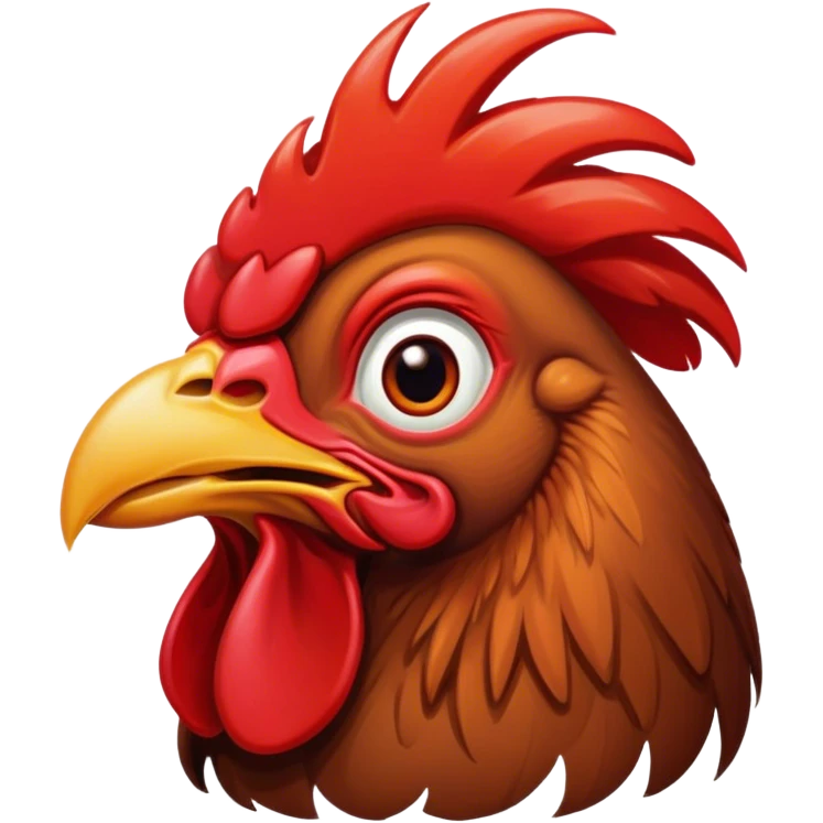 Cinematic Comical Brown Rooster Portrait Emoji, Head tilted dramatically with an exaggeratedly amused expression, featuring a striking, glossy brown plumage with a bold red comb, wide, expressive warm eyes filled with playful disbelief, Simplified yet hilariously expressive features, highly detailed, glowing with a slightly sassy glow, high shine, dramatic yet playful, stylized with an air of cheeky mischief, bright and endearing, soft glowing outline, capturing the essence of a spirited and over-the-top rooster, so meme-worthy it feels like it could crow its way into internet fame instantly! emoji