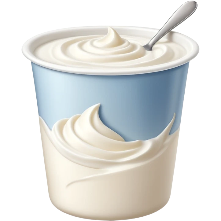 cup of Greek yogurt, open with smooth creamy white surface, soft swirls and gentle peaks, dense rich texture, plain unbranded curved white container, no spoon or fruit, soft lighting, subtle shadows, emoji scale emoji