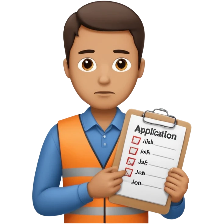 Man looking sad while holding a clipboard with a checklist that has a heading that says job application  emoji