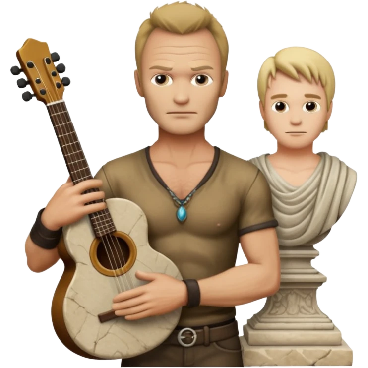 Cinematic realistic ultra HD - Musician Sting stands in front of an antique stone sculpture emoji