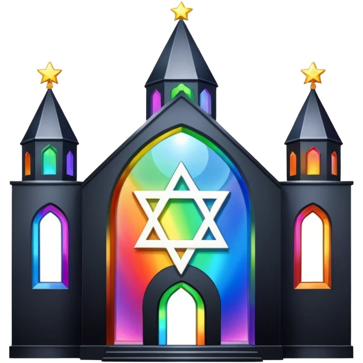 jewish synagogue temple in dark goth aesthetic style with black building and very light tint glass windows that are rainbow if looked at together. and star of david and celestial symbolism emoji