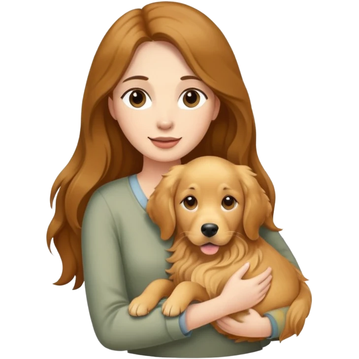 woman with long brown hair holding a golden retriever dog in her arms emoji