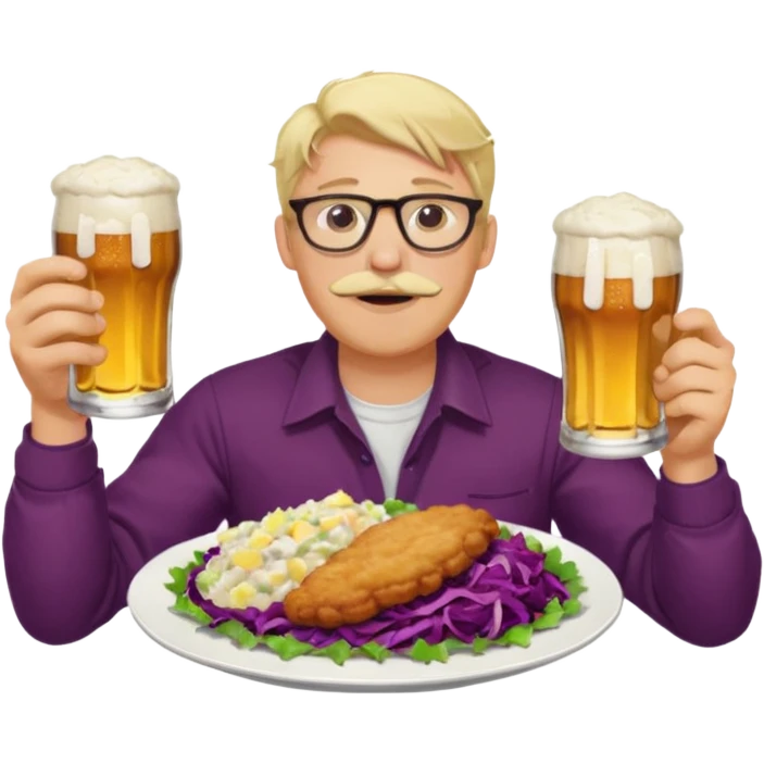 Man with wire framed glasses german eating schnitzel, red cabbage, sauerkraut, potato salad, and beer. Man is blonde and no mustache emoji