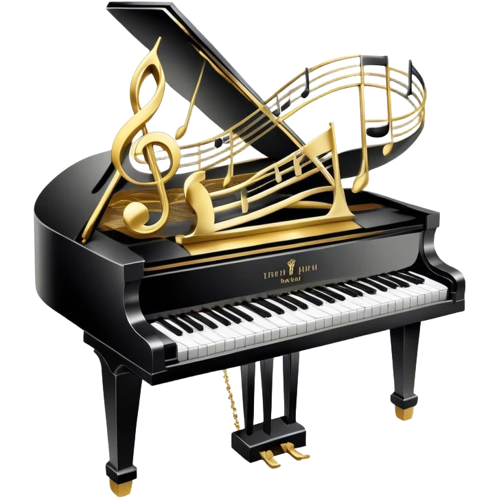 Create an elegant and festive emoji collage representing keyboard instruments, styled like a heraldic emblem. The design should feature a central focal point of black and white piano keys, arranged in a semi-circular or shield-like shape. Around the piano keys, add intertwining musical notes that form flowing ribbons, creating a dynamic and celebratory atmosphere. The design should be professional, with polished silver and gold accents on the keys and notes, highlighting the luxury and sophistication of the instruments. Add subtle shading and lighting effects to give the design a refined, 3D appearance. The background should remain transparent, and the overall feel should evoke grandeur, artistry, and a sense of celebration. emoji