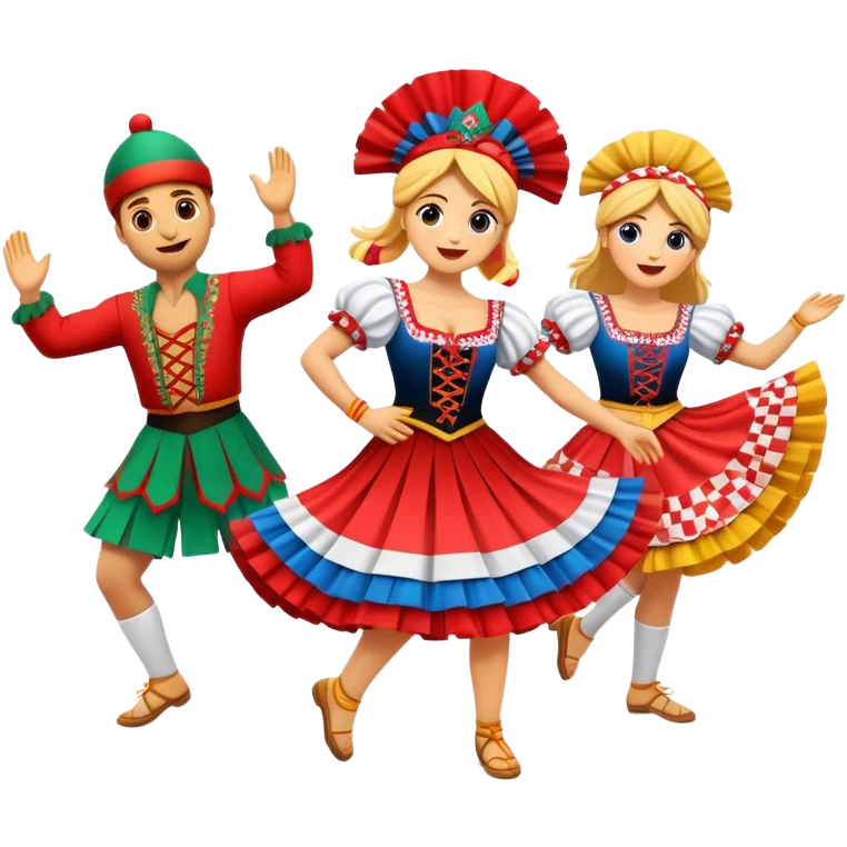 Cinematic Realistic Linđo Dance Emoji, depicted as a traditional Croatian folk dance with lively movements and colorful costumes, rendered with dynamic textures and vibrant festive lighting that captures its cultural vibrancy. emoji
