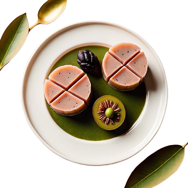 Una composición de arte en miniatura, estilo flat lay: un trozo de manteca de Karité o cacao cruda con una pequeña ramita de oliva y pétalos de rosa seca alrededor. Colores: tonos tierra, verde oliva y crema. Estilo: orgánico y de estudio fotográfico. Fondo suave. emoji