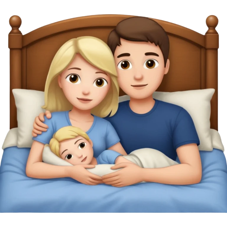 A woman and a young man are lying in bed and cuddling with each other. emoji