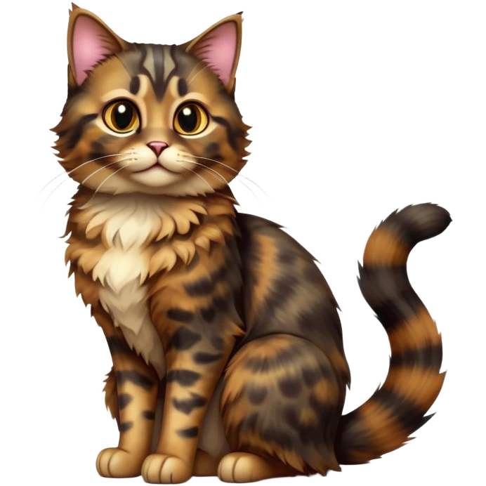 cinematic-[tortoiseshell tabby cat]-realistic-full-body-sitting-emoji,-tail-curled-playfully-around-its-paws,-head-tilted-dramatically,-scruffy-[dark tortoiseshell coloured]-fur,-simplified-yet-realistic-focused-features,-highly-detailed,-glowing-with-an-almost-sarcastic-glow emoji