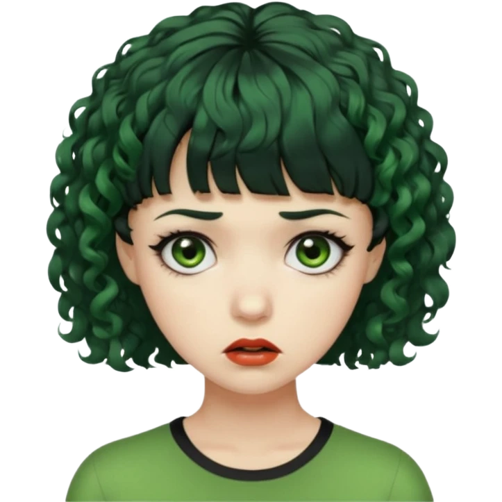 quero que você cria uma mulher, o rosto dela. nela, ela tem cabelo curto e ondulado, tem franja e ela tem semblante triste, deixe ela com pele verde e com cabelo cacheado( ela tem que ter semblante assustador e muito triste, ela pode ter olhos totalmente preto ou vermelho) emoji