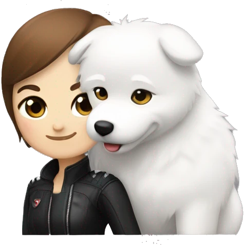 Girl biker white skin and brown short hair with a agv black helmet hugging a white Samoyed emoji