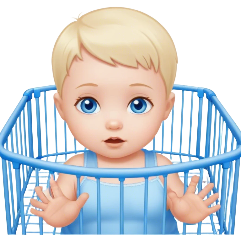 Blue-eyed baby girl with short hair in playpen  emoji