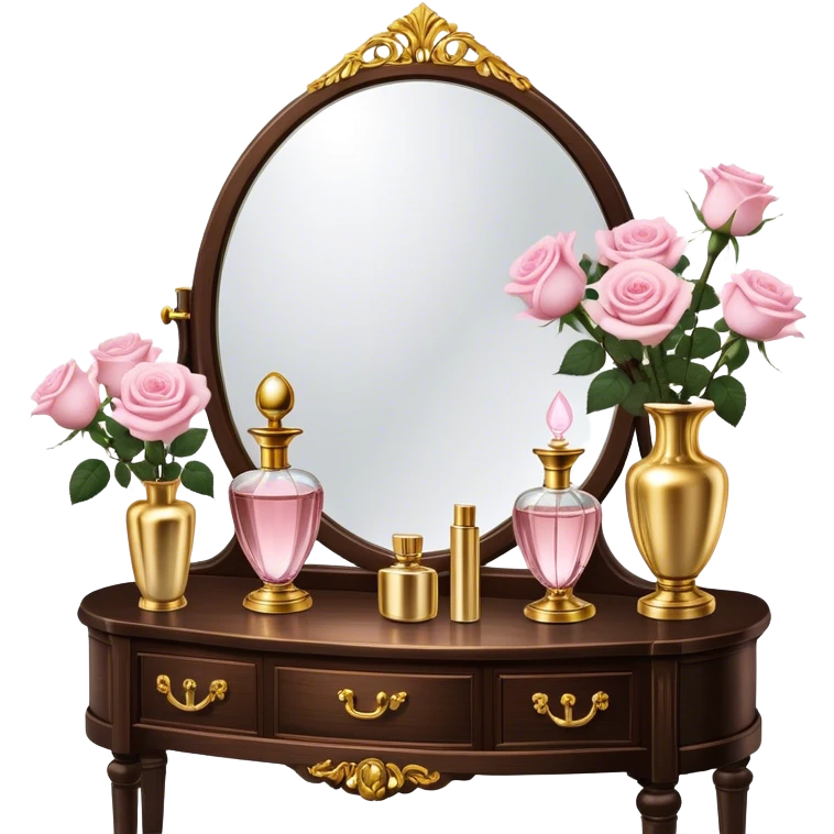 A romantic scene of a vintage vanity with a glass vase of light pink roses and golden perfume bottles emoji