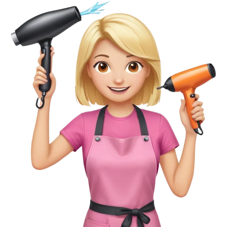 blonde female hairstylist smiling, pink t-shirt, orange apron, hands up, holding scissors and hairdryer emoji