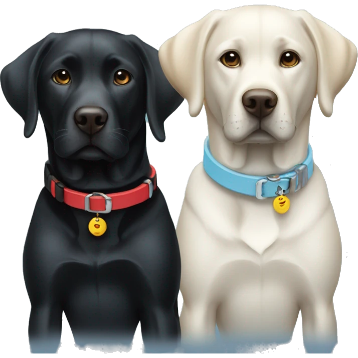 black labrador on the left with red collar, black labrador on the right with light blue collar. emoji