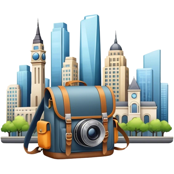 Icon for Urban Tourism: city skyline with iconic buildings, a camera and a backpack. The icon should represent the exploration of urban destinations, with elements like streets, landmarks, and vibrant city life. Transparent background. emoji