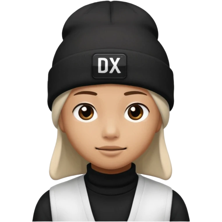 wearing a white beanie with an black square logo with the word "DX" written on it.

 emoji