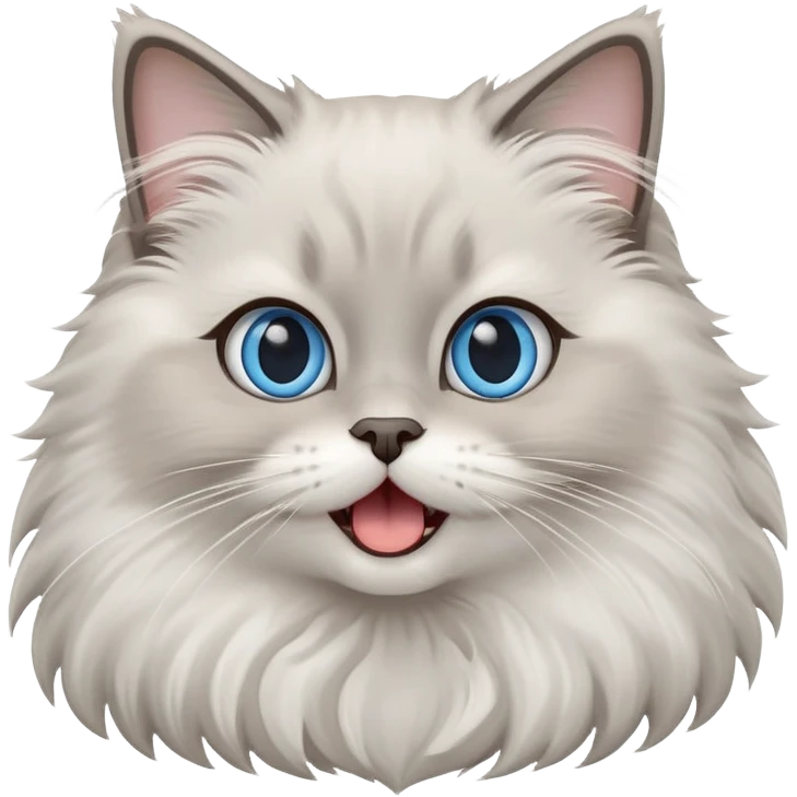 cinematic-adorable-big-eyed-fluffy-grey ragdoll-cat-portrait-emoji,-head-tilted-playfully-with-a-cute,-yawn,-white and grey fur,-simplified-yet-irresistibly-cute-features, blue eyes emoji