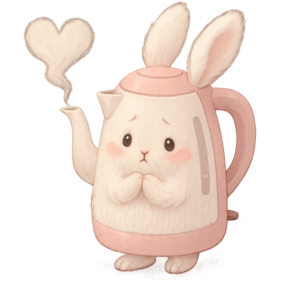 shy soft fluffy bunny electric kettle, steam heart, pastel white and pink, full-body emoji