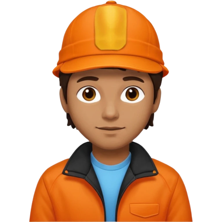 Kindly Keyin (male) with dark brown hair, orange cap and shirt, black jacket emoji
