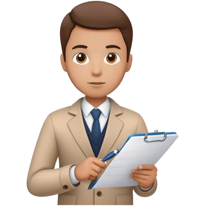 a person holding a checklist and pen, wearing smart casual clothing. The character is in a focused pose emoji