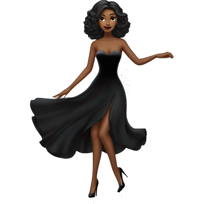 Wednesday dancing with wolves. high beauty face. short black flowing strapless evening gown with  plunging neckline that’s off-the-shoulders that also shows her legs and black shiny velvet high heel shoes. emoji