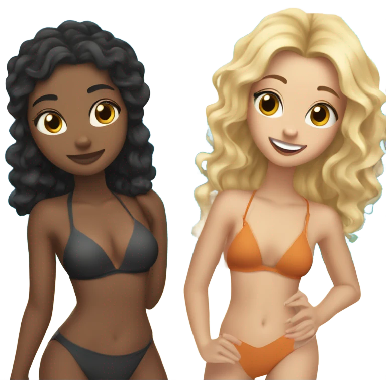 Three girls, a wavy blonde, a brunette with straight black hair and a curly girl swimming in bikinis in front of their entire body emoji