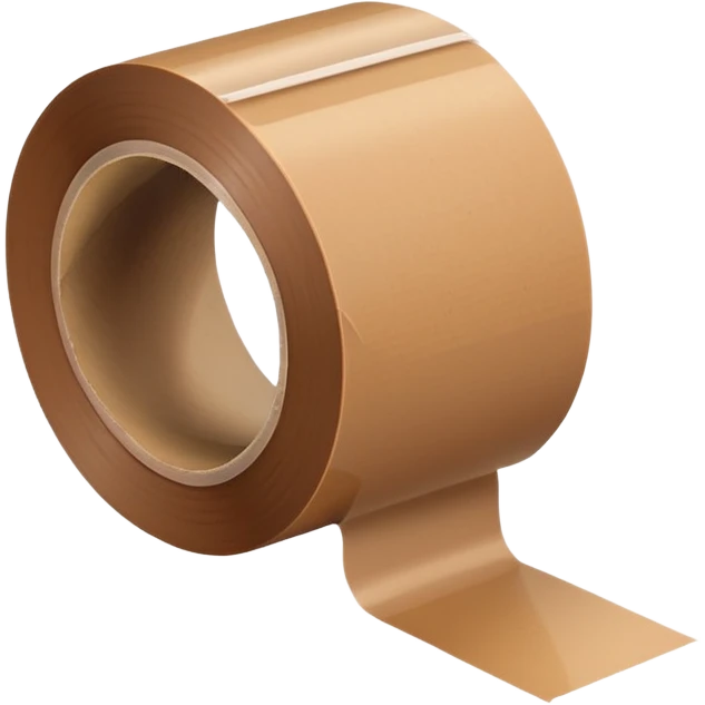 wide roll of brown packing tape with glossy semi-transparent surface and thick cardboard core, one end slightly peeled back, angled for depth, no box or dispenser, apple emoji style, soft lighting, subtle shadows, emoji scale emoji