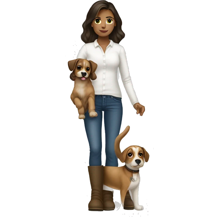 A BRUNNETTE GIRL WITH NO BANGS WEARING UGGS FLARED PANTS AND LONGSLEEVE WHITE SHIRT HOLDING HER DOG emoji
