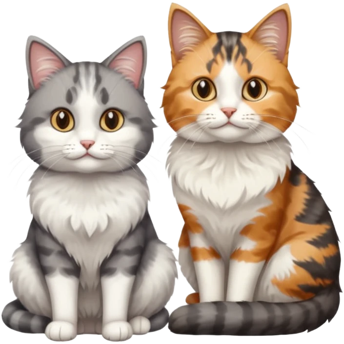 a realistic looking very fluffy grey and white cat sitting next to another cat emoji