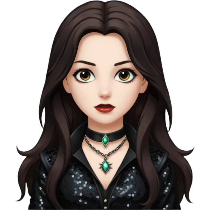 Van Helsing with long dark brown hair, black sequin outfit emoji