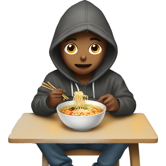 A boy wearing a hoodie sitting on a chair eating ramen emoji