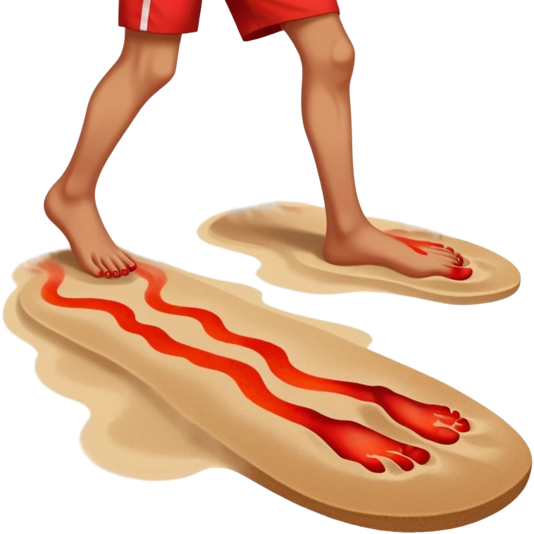 bare foot stepping on extremely hot beach sand with red pain marks and steam rising from the sand emoji