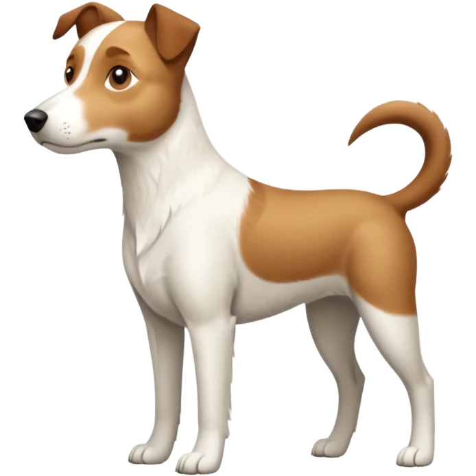 a full body large white parson russell looking dog the size of a kelpie with light brown flopped down ears and a light brown patch on one eye and a large snout emoji