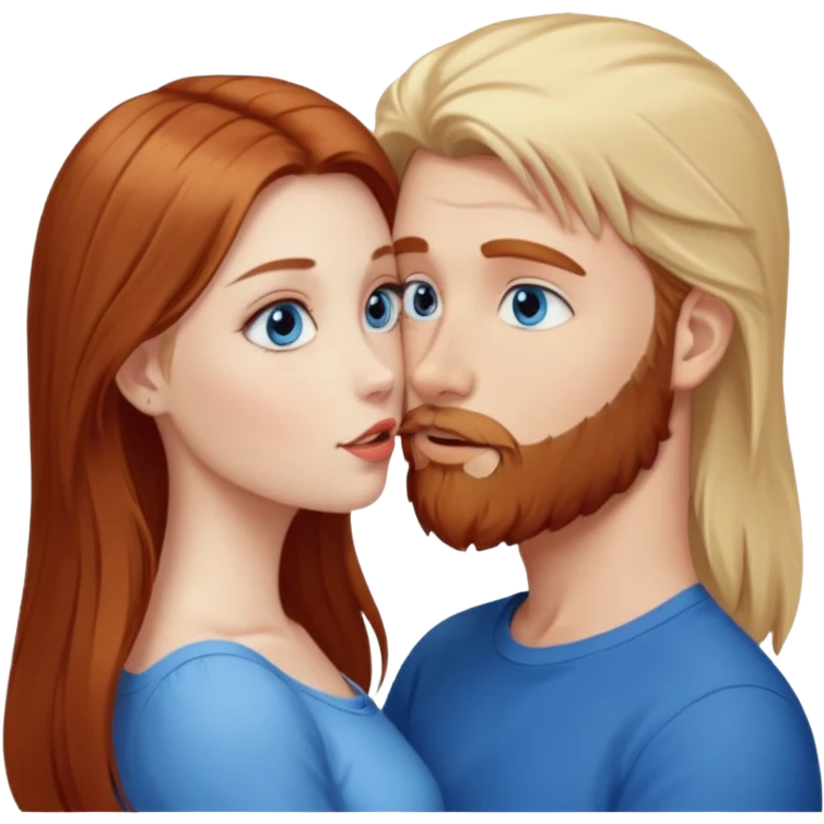 Long-pale-blonde hair, beautiful girl with blue eyes facing, kissing reddish-brown hair-beard boy blue eyed white guy emoji