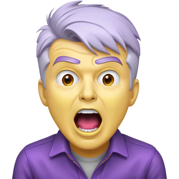 Rick Astley with yellow killer face that has his mouth wide open screaming he has purple cheeks and no eyes and the background is gray along with Rick Astley but he’s light gray emoji