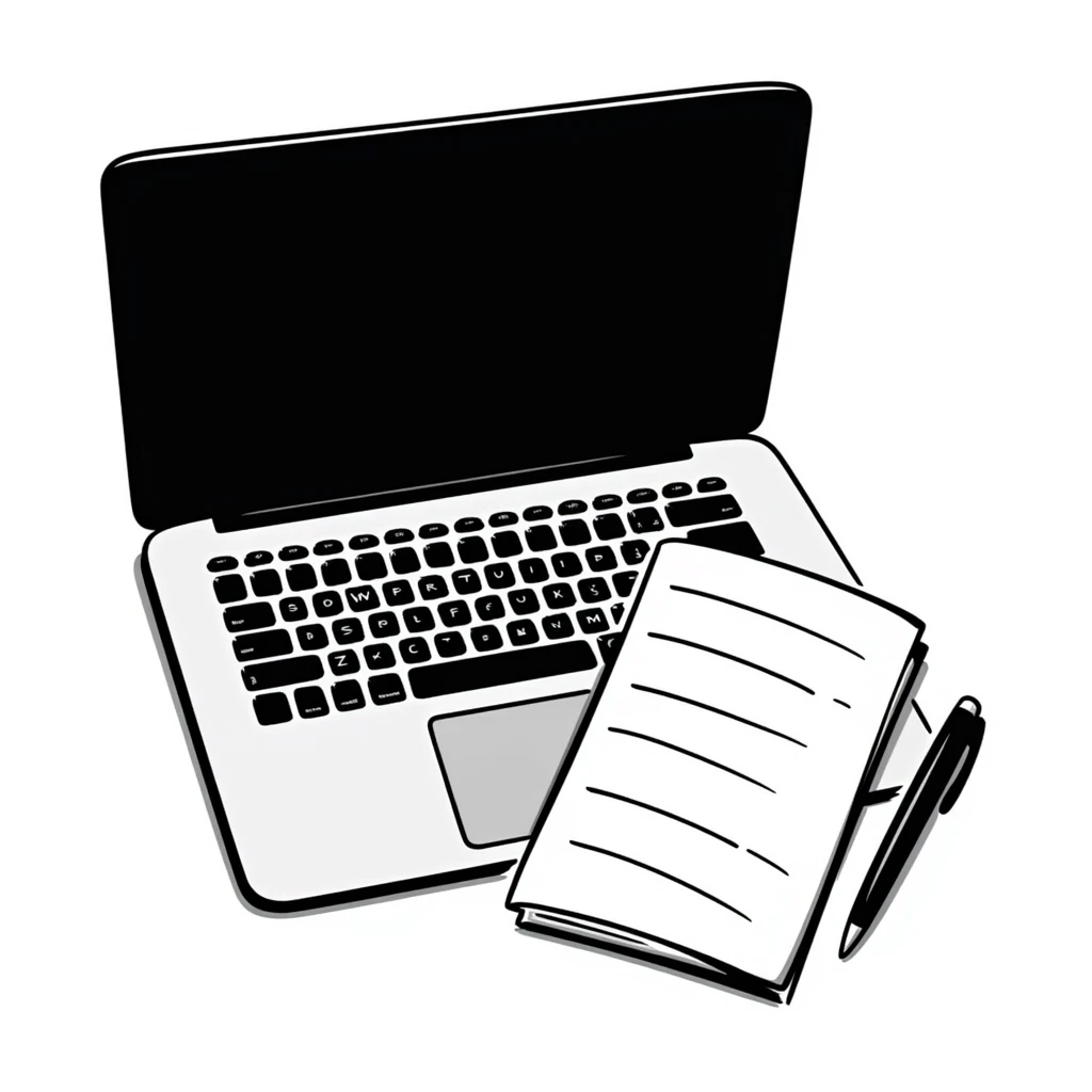 top view of a MacBook and a notebook with a pen nearby emoji