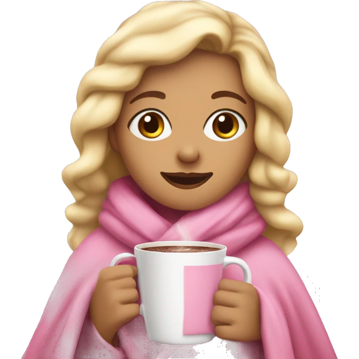 blonde girl wrapped up in pink blanket hot chocolate in hands emoji