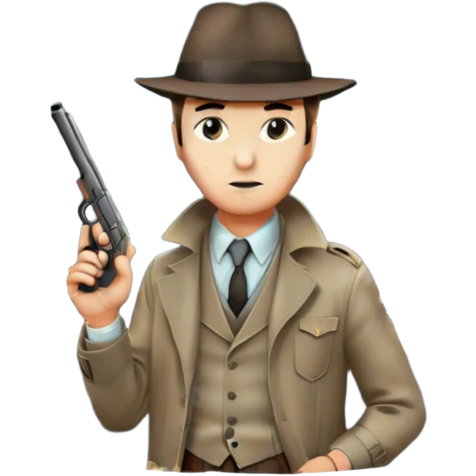 Icon for Detective Movie: A vintage movie poster-style design featuring a close-up of a detective with a gun on a dark London street under the full moon. The scene includes faint traces of blood on the asphalt, hinting at a murder. Retro cinematic typography. Transparent background. emoji