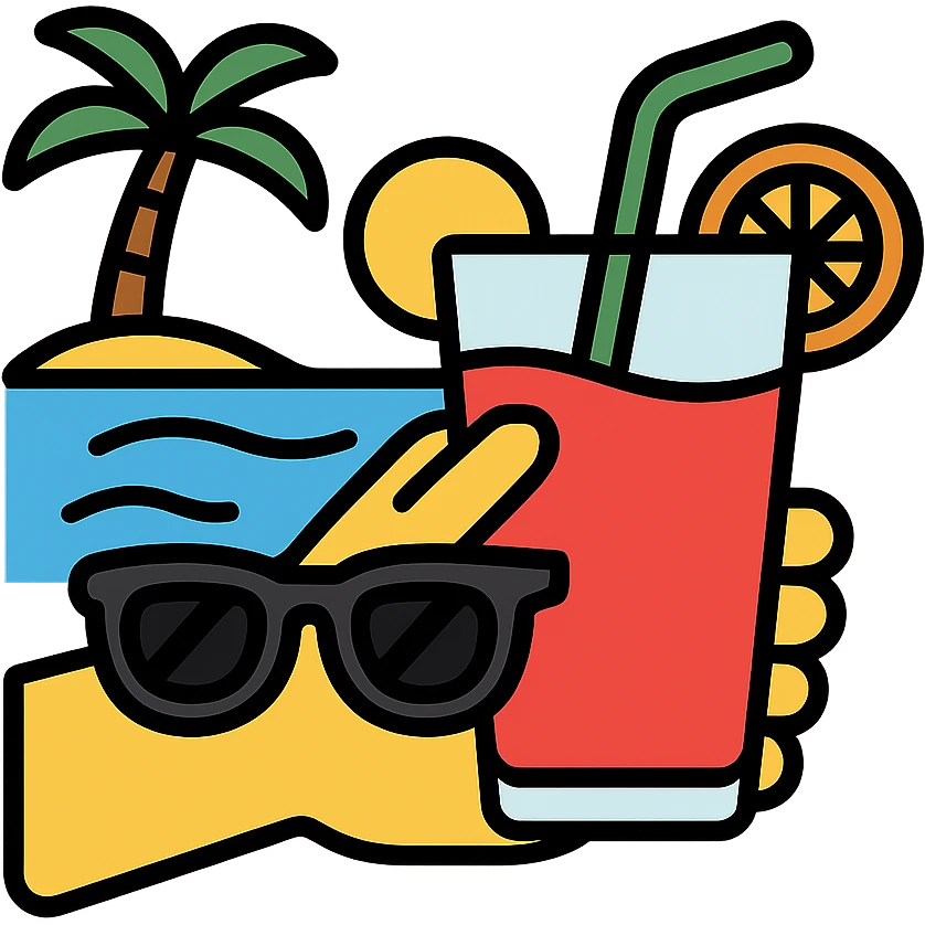 a hand with sunglasses holding a glass of fruit juice, beach background icon emoji