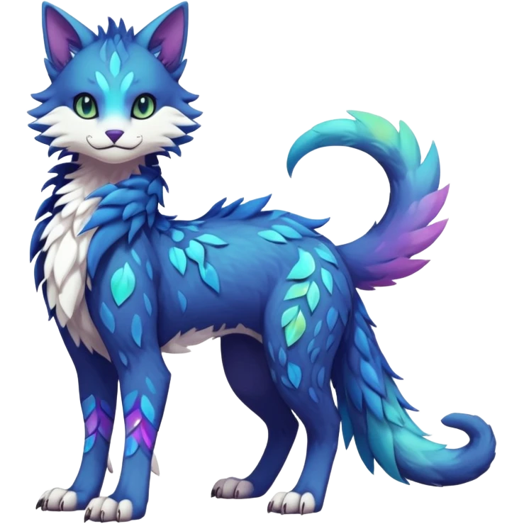 Kawaii iridescent beautiful pretty elegant divine edgy fantasy feline-vernid-sergal-Fakémon-Pokémon-fursona-animal-creature with accessories, full body, with intricate detailed markings emoji
