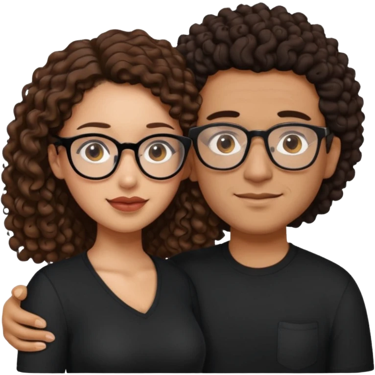 A mixed girl with glasses, the girl is wearing a black shirt, the girl has brown curly hair  and the girl has big boobs. A Mexican man is embracing her, with black bald hair emoji