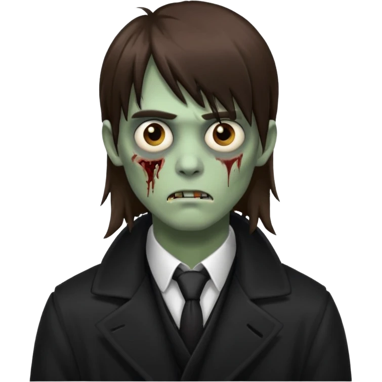 Zombie, emo guy with dark circles under his eyes and long brown hair with straight bangs, in a black long
 emoji