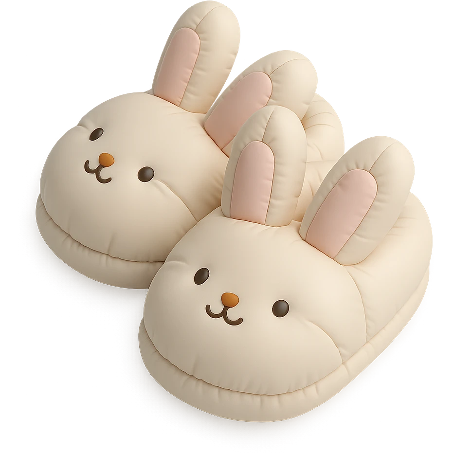 illustration of bunny slippers, soft and plush, pastel colors, cute faces, cushion style emoji